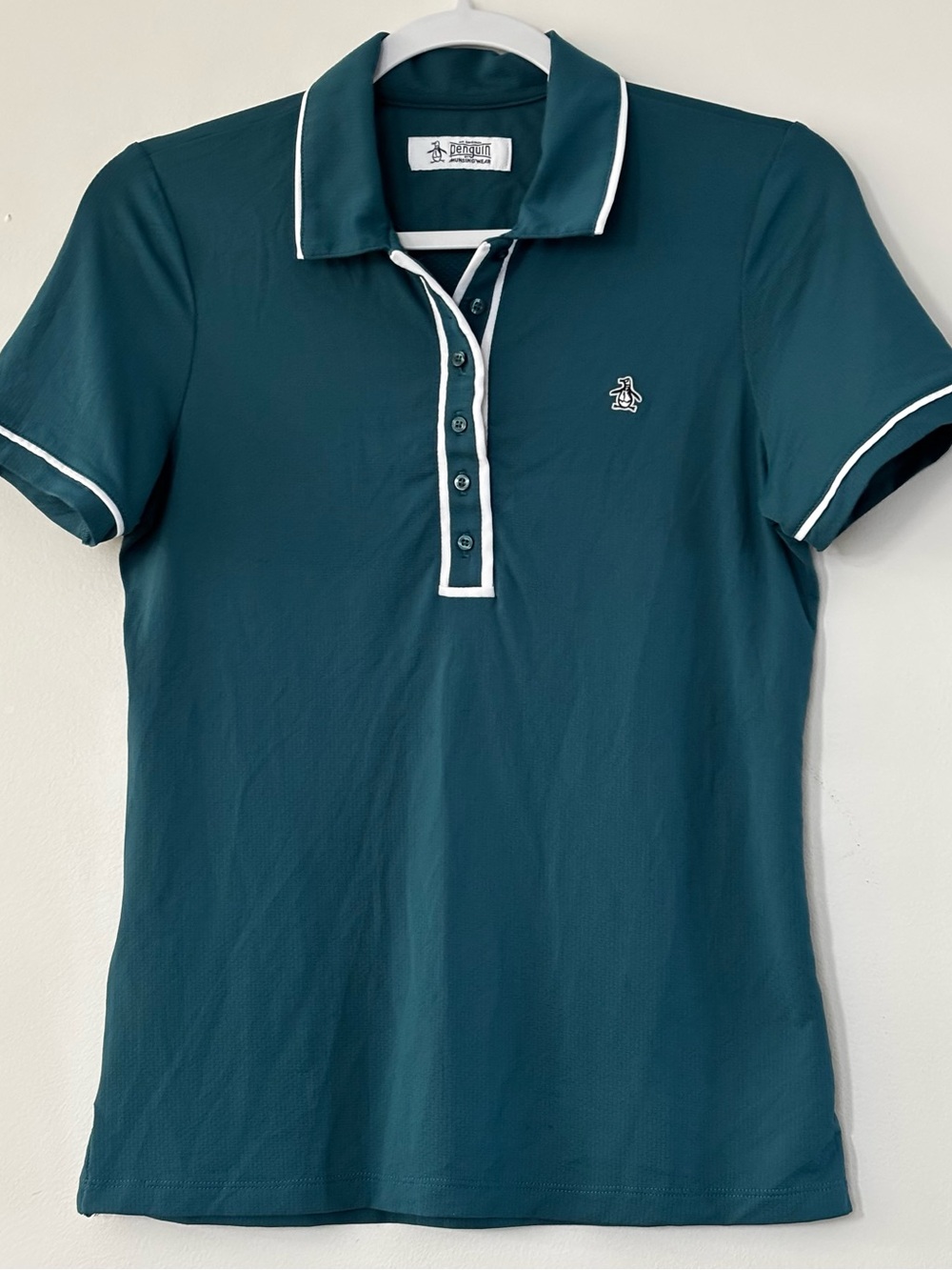 Original Penguin Women's Teal Polo with White Trim Piping -size  Small